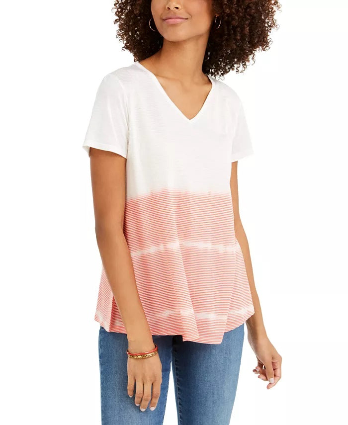 Style & Co Women's Tie Dyed V Neck Linen Blend Top Pink Size Small