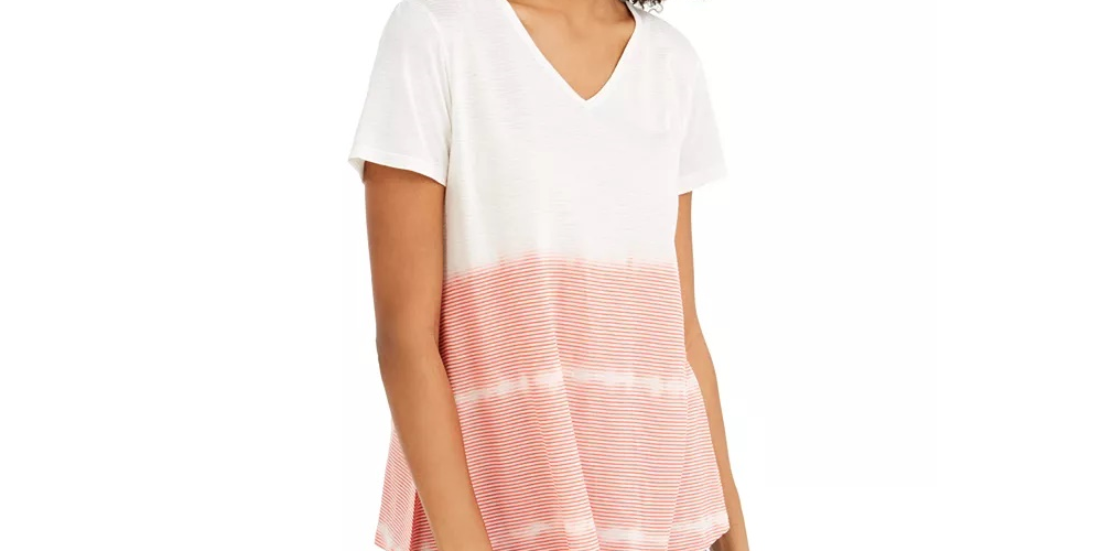 Style & Co Women's Tie Dyed V Neck Linen Blend Top Pink Size Small