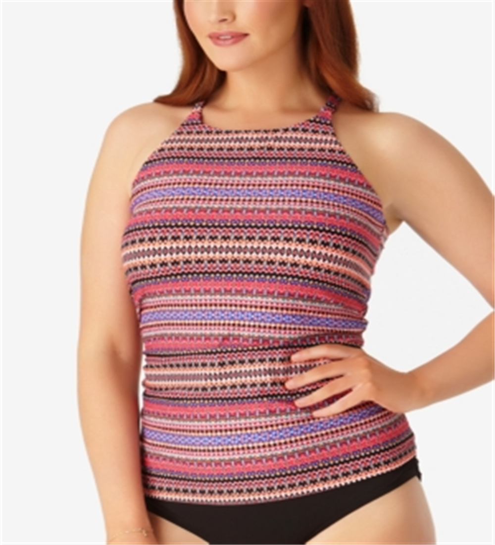 Anne Cole Plus Size Stevie Striped High-Neck Tankini Top Women's Swimsuit Pink Size 18W