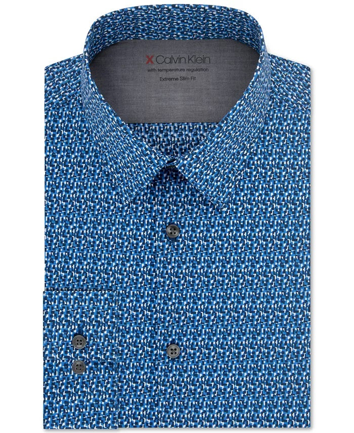 Calvin Klein Men's Extra Slim Fit Temperature Regulating Stretch Assorted Pattern Dress Shirts Dark Navy Size M