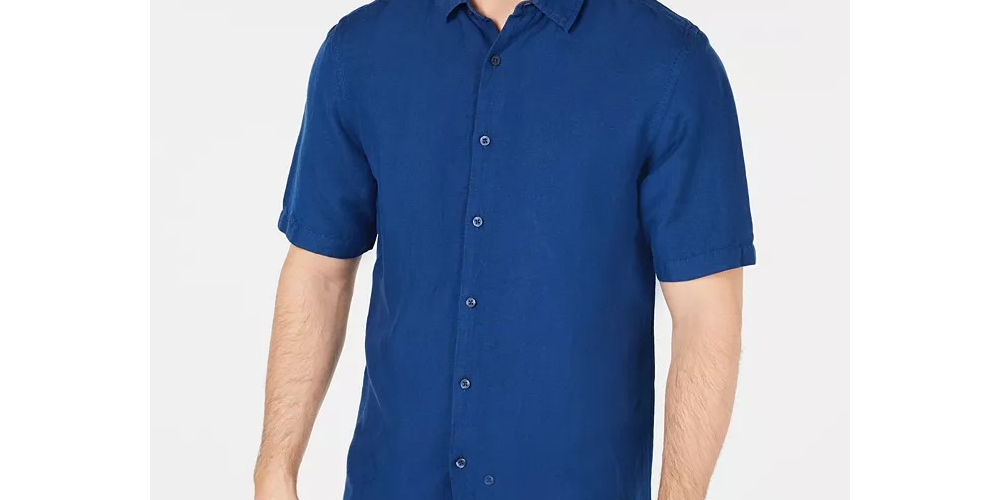 Alfani Men's Lagoon Stretch Linen Blend Shirt Blue Size XX-Large