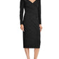 Ralph Lauren Women's Gathered Glitter Long Sleeve V Neck Below The Knee Sheath Evening Dress Black Size 4