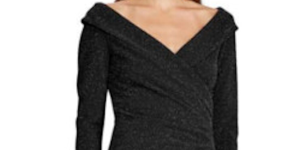 Ralph Lauren Women's Gathered Glitter Long Sleeve V Neck Below The Knee Sheath Evening Dress Black Size 4