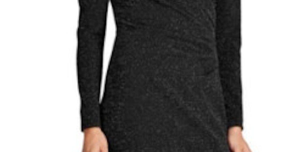 Ralph Lauren Women's Gathered Glitter Long Sleeve V Neck Below The Knee Sheath Evening Dress Black Size 4
