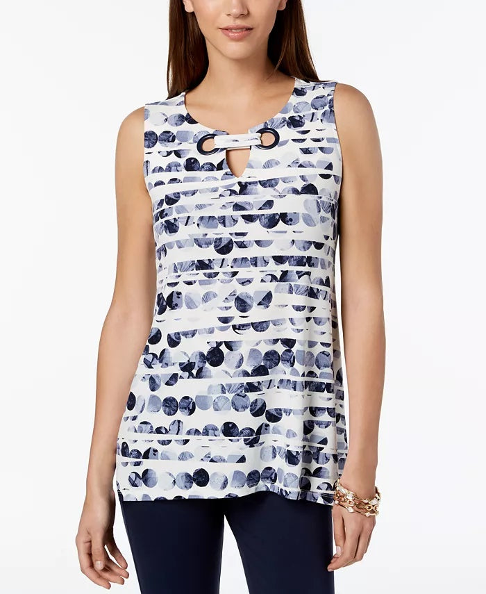 Alfani Women's Printed Grommet Neck Top Blue Size PL