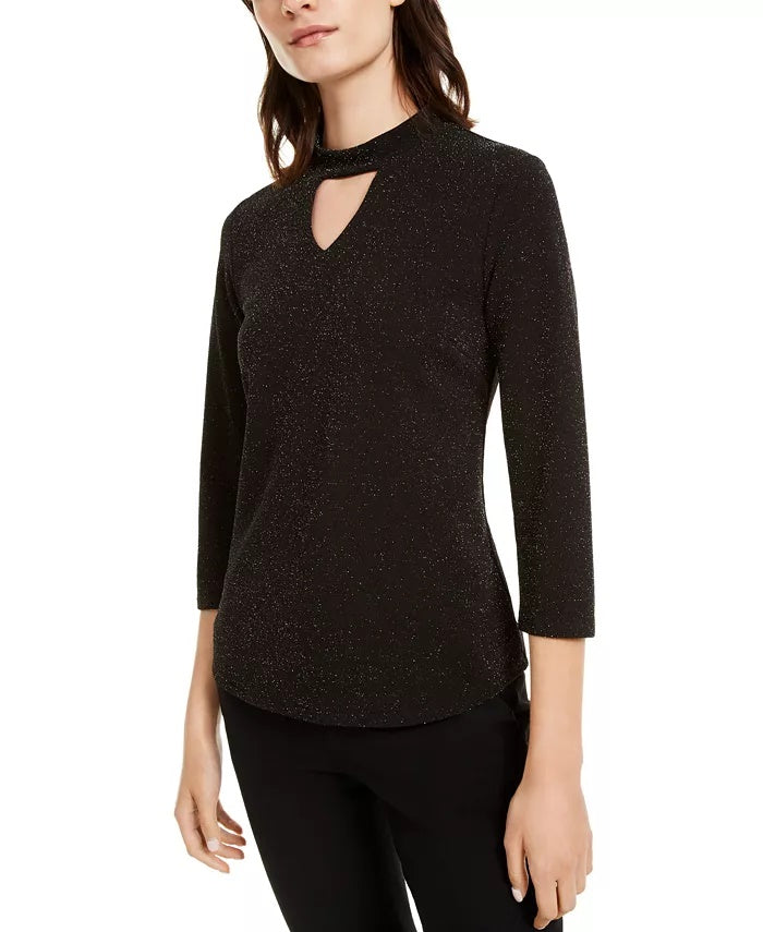 Monteau Women's Metallic Mock-Neck Top Black Size Petite X-Large