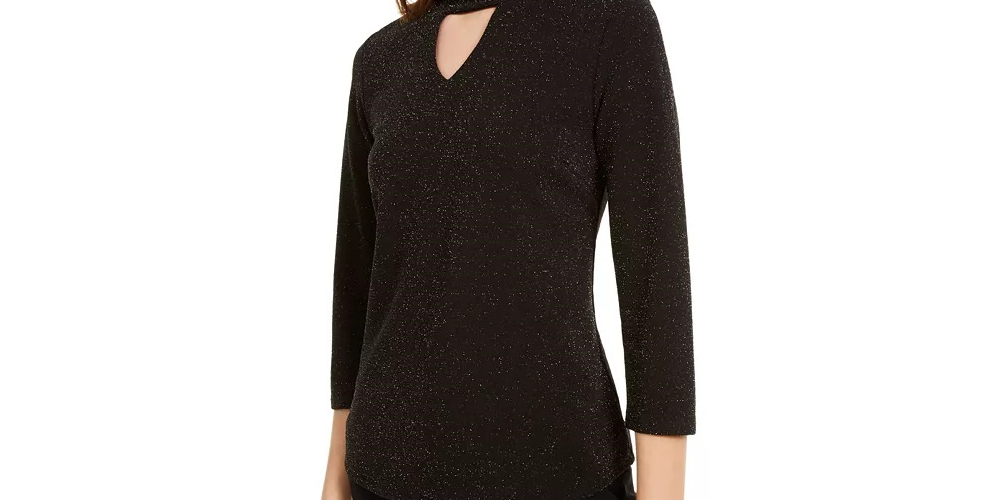 Monteau Women's Metallic Mock-Neck Top Black Size Petite X-Large