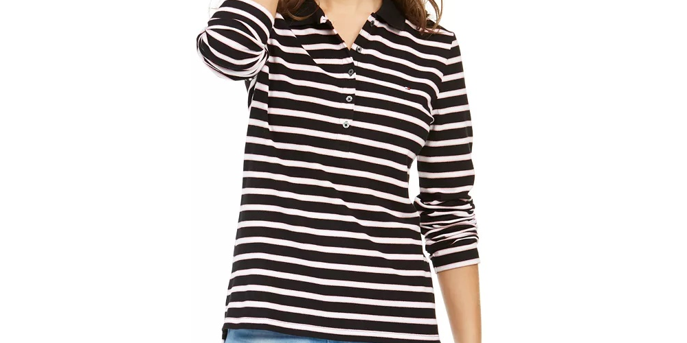 Tommy Hilfiger Women's Long-Sleeve Polo Shirt Navy Multi Size Small