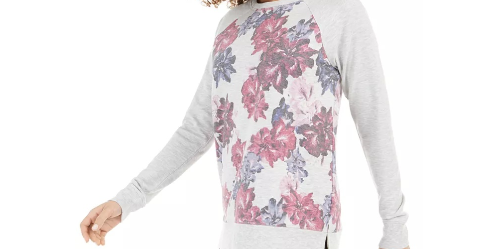 Ideology Women's Floral Printblocked Terry Top Gray Size Small