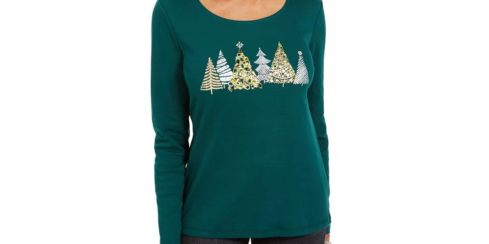 Karen Scott Women's Embellished Cotton Top Green Size Petite S