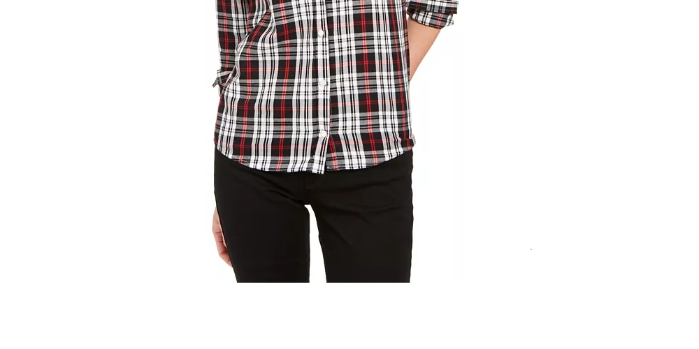 Charter Club Women's Plaid Cotton Button Up Shirt Black Size Petite Small