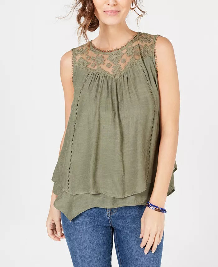 Style & Co Women's Lace Trim Swing Top Beige Size Small