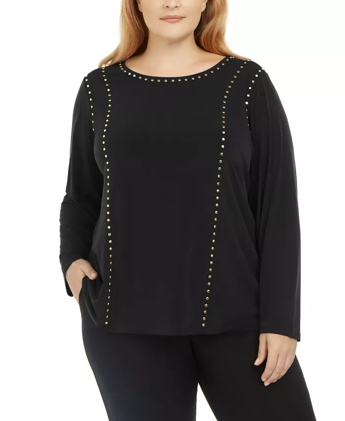 Calvin Klein Women's Plus Studded Long Sleeve Top Black Size 2X