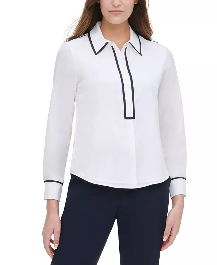 Tommy Hilfiger Women's Contrast Trim Blouse White Size Large