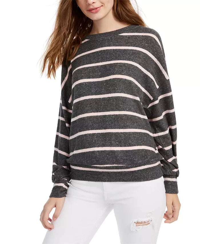 Gypsies & Moondust Junior's Cozy Striped Dolman Sleeve Top Pink/Grey Size X-Large