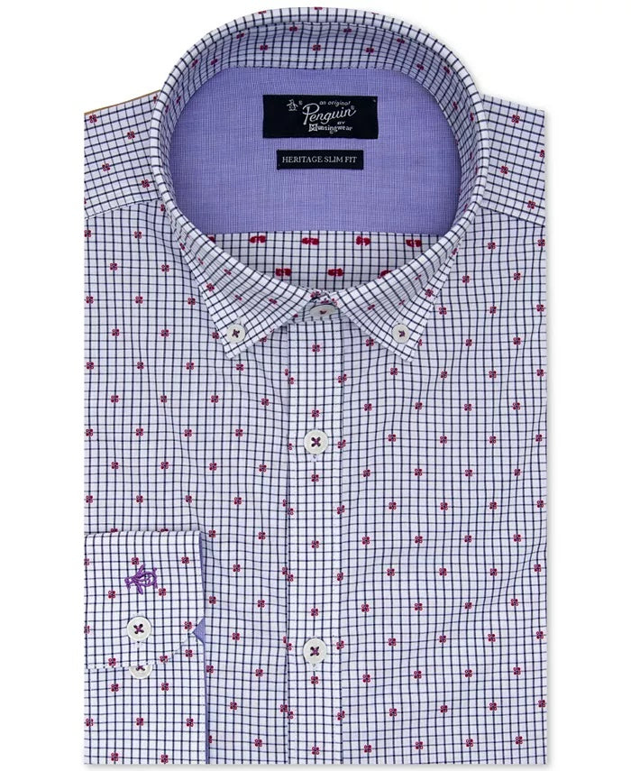 Original Penguin Men's Light White Grid Printed Slim Dress Shirt White Size 14.5X32-33