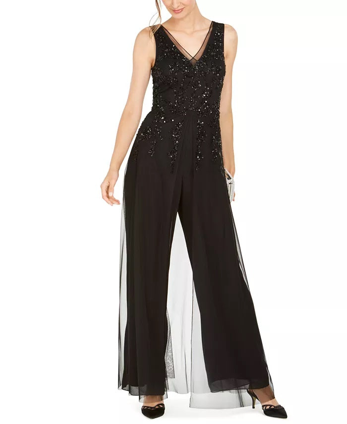 Adrianna Papell Women's Petite Embellished Wide-Leg Jumpsuit Black Size 12 Petite