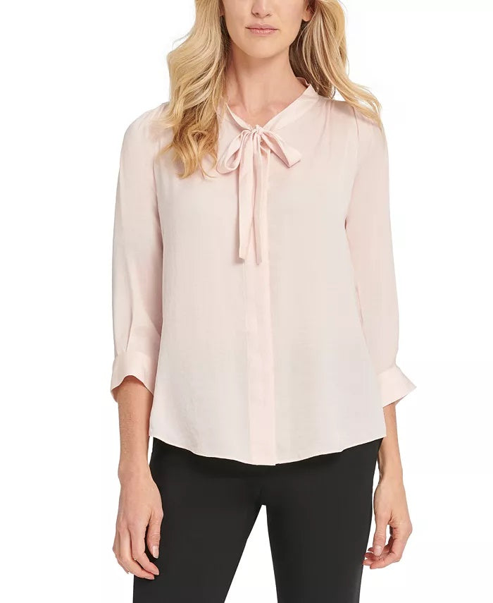 DKNY Women's Petite Shiny Tie-Neck Button-Up Blouse Pink Size PL