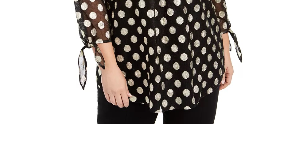 Alfani Women's Plus Metallic-Dot Sheer-Sleeve Gld Lurex Dot Top Black Size 0X