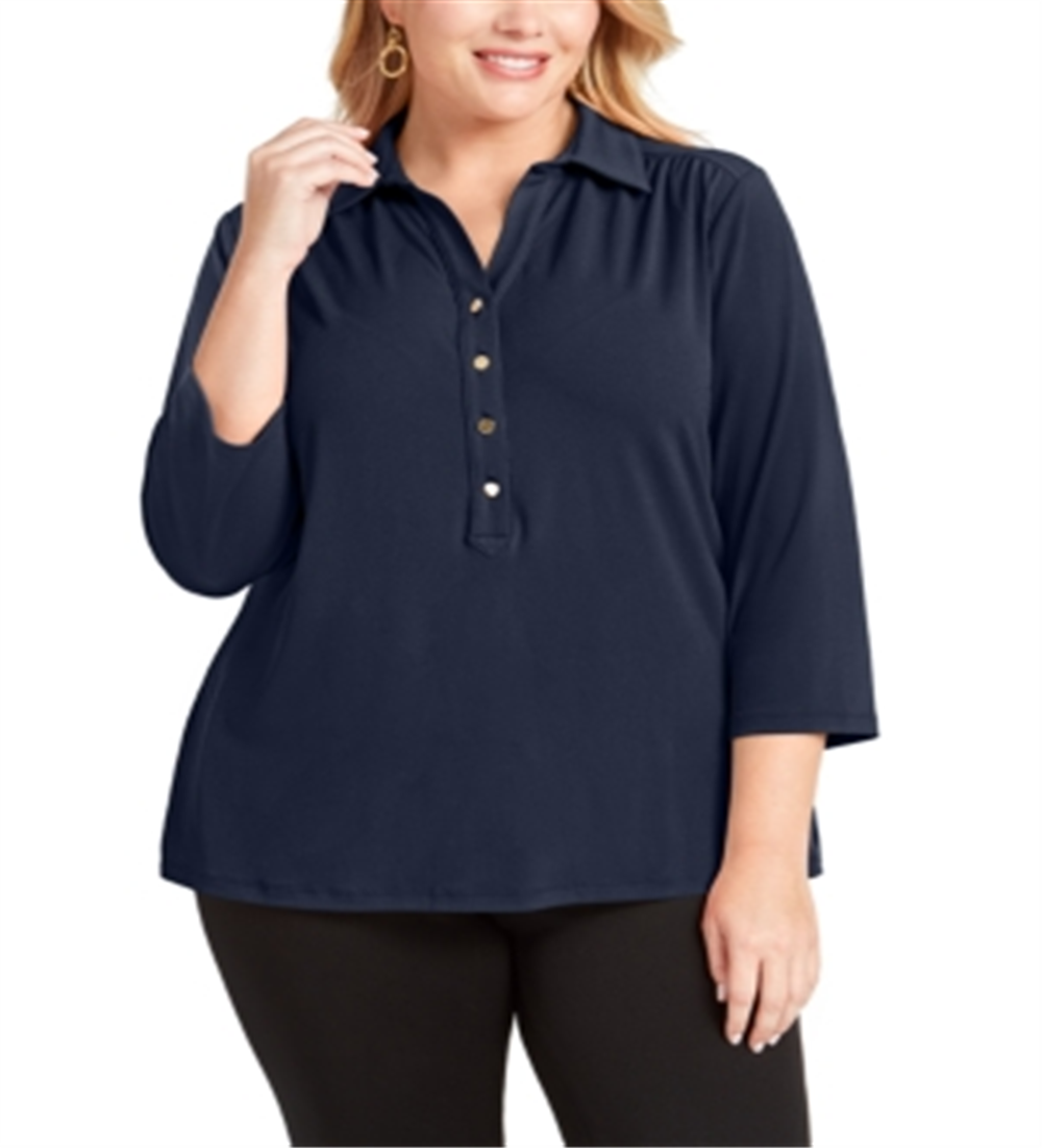 Charter Club Women's Plus 3/4 Sleeve Polo Top Blue Size 3X