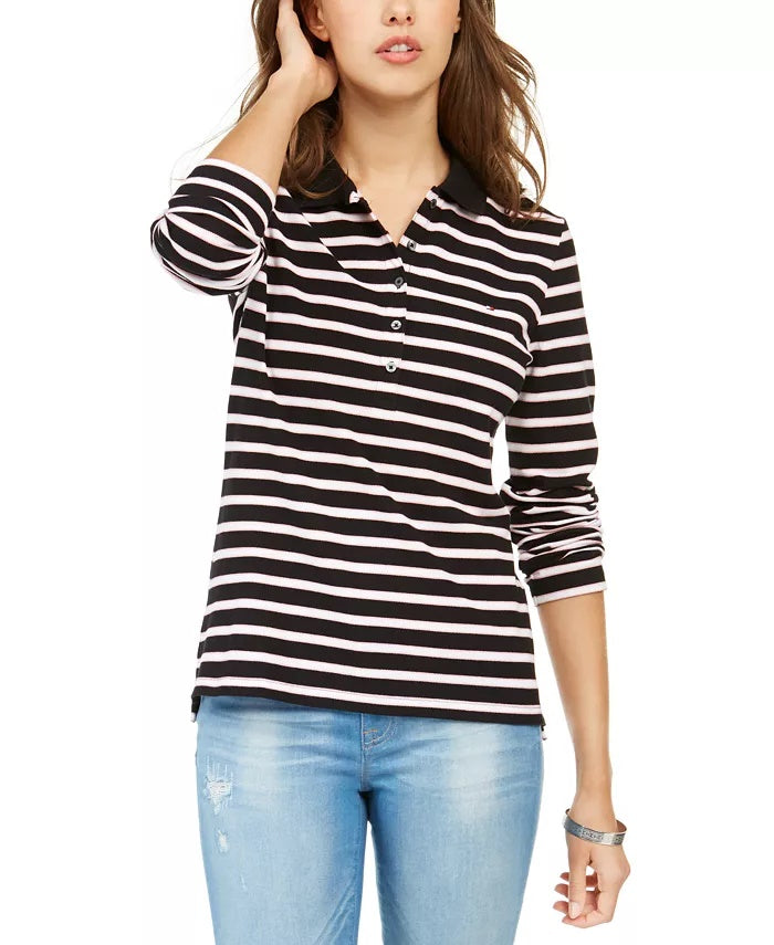 Tommy Hilfiger Women's Long-Sleeve Polo Shirt Pink Size Large