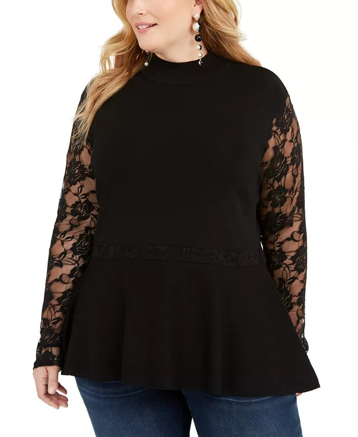 INC International Concepts Women's Plus Size Lace Peplum Sweater Red Size 1X