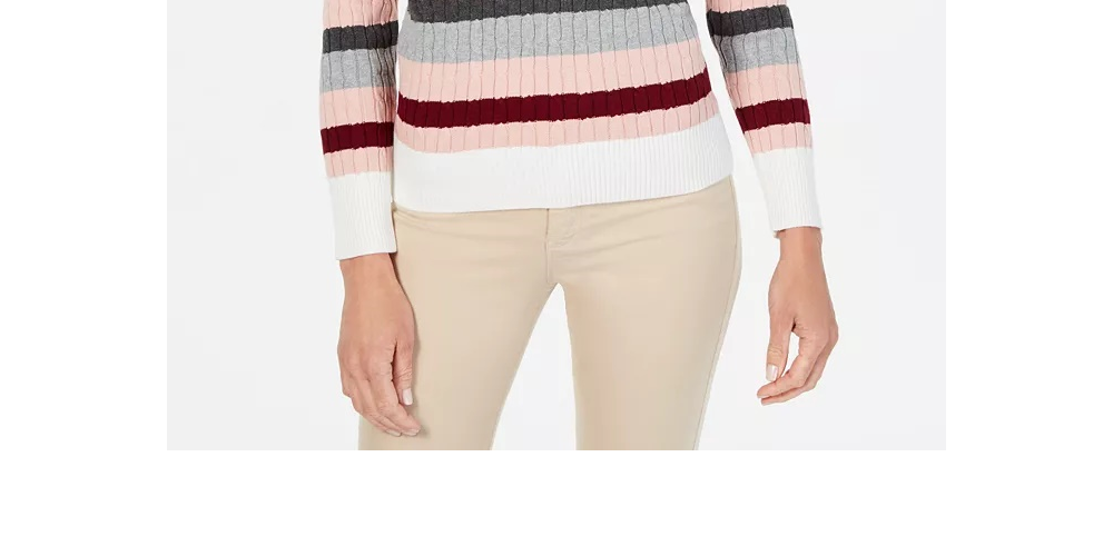 Karen Scott Women's Petite Striped Cotton Cable-Knit Sweater Rose/White/Black Size Medium