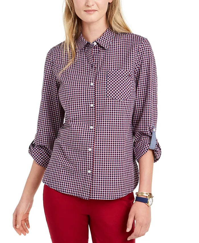 Tommy Hilfiger Women's Check Print Button Down Shirt Red Size X-Small