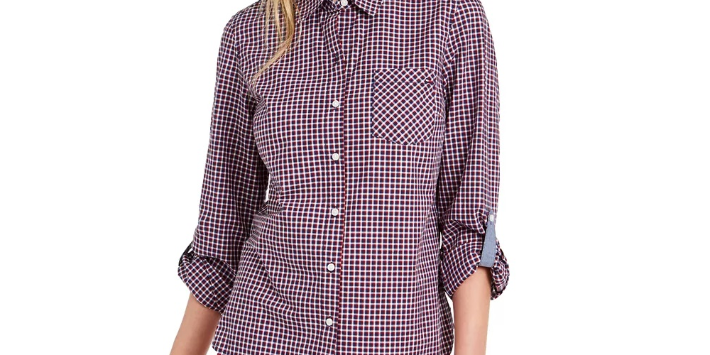 Tommy Hilfiger Women's Check Print Button Down Shirt Red Size X-Small