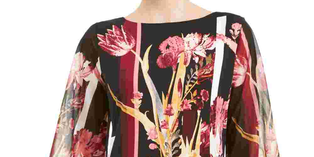 JM Collection Women's Printed Chiffon Sleeve Tunic Top Black Size Medium