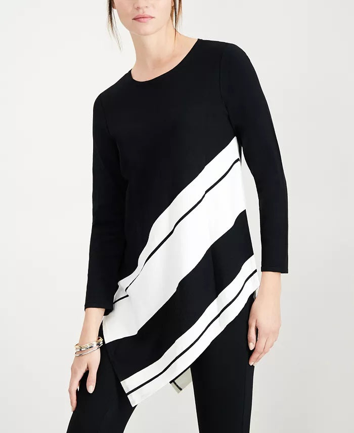 Alfani Women's Ribbed Asymmeteric Tunic Sweater Black Size Large