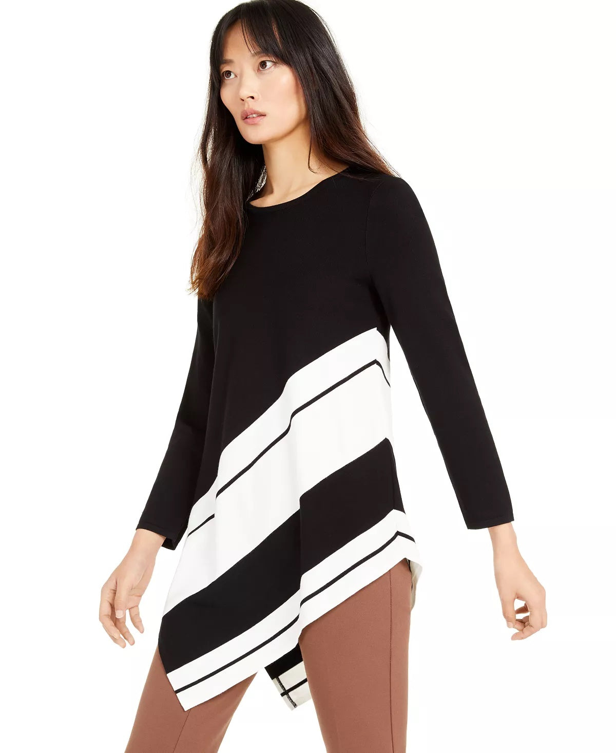 Alfani Women's Ribbed Asymmeteric Tunic Sweater Black Size Large