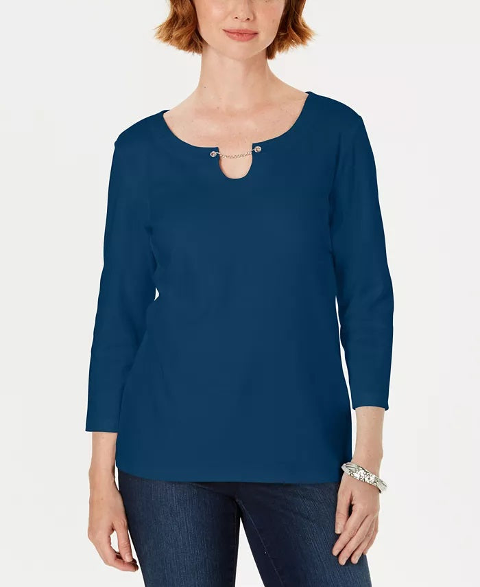 Karen Scott Women's Three Quarter-Sleeve Top Blue Size Medium