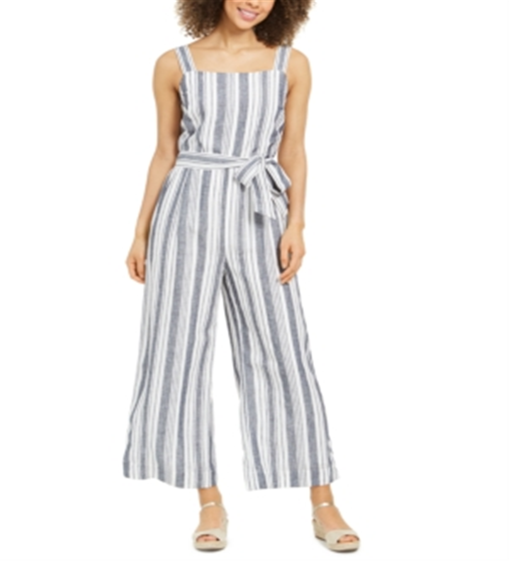 Charter Club Women's Striped Belted Jumpsuit -Gray Size 18