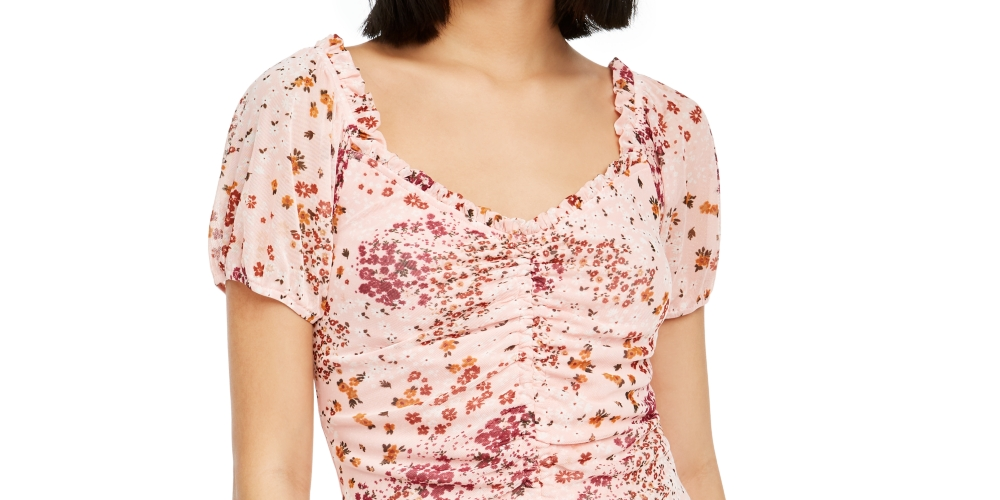 Crave Fame Juniors' Ruched Floral-Print Crop Top Pink Size Medium