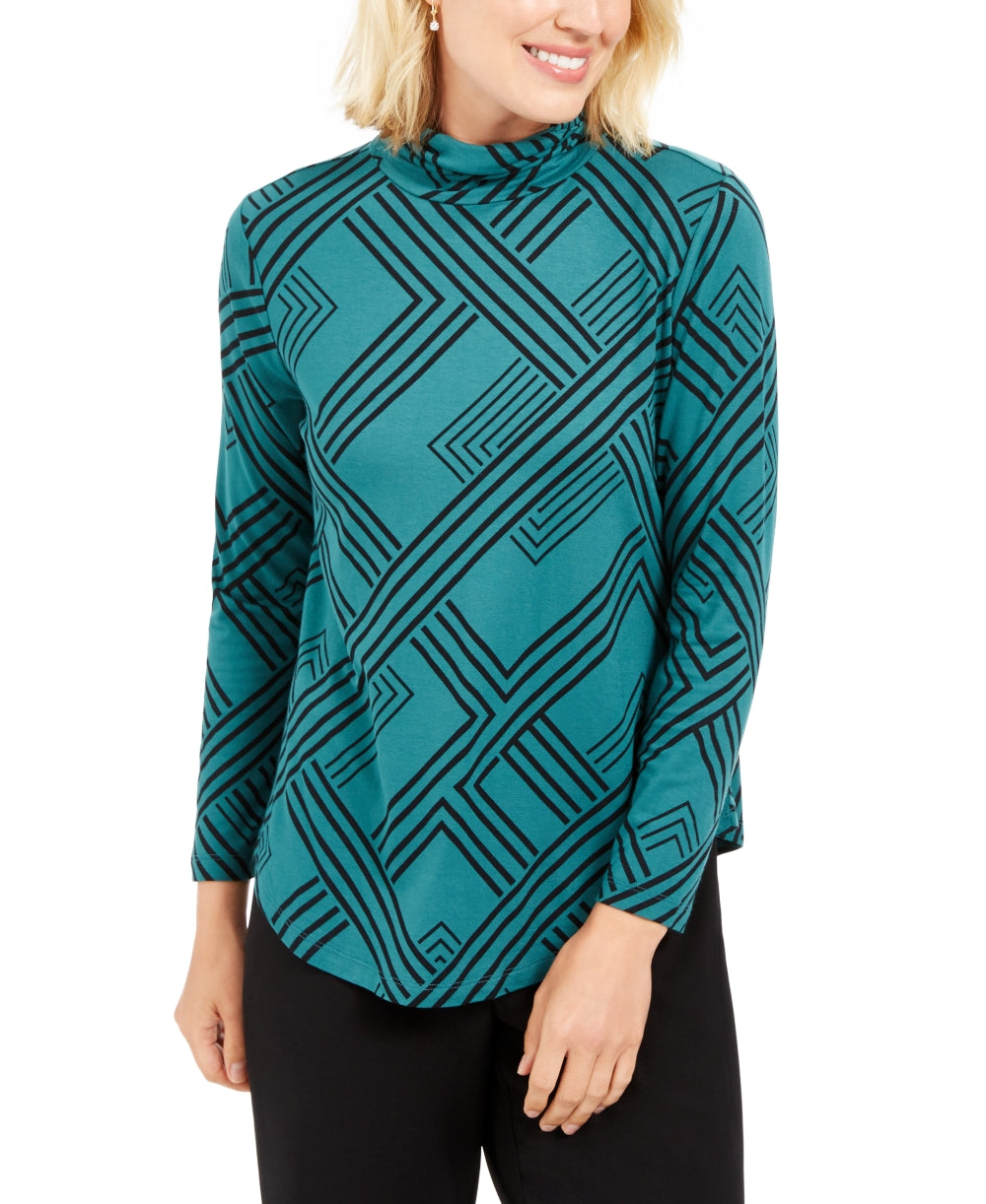JM Collection Women's Petite Printed Turtleneck Top Green Size Medium