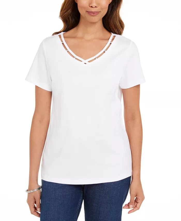 Karen Scott Women's Cotton Open Trim V Neck T-Shirt Pink Size Large