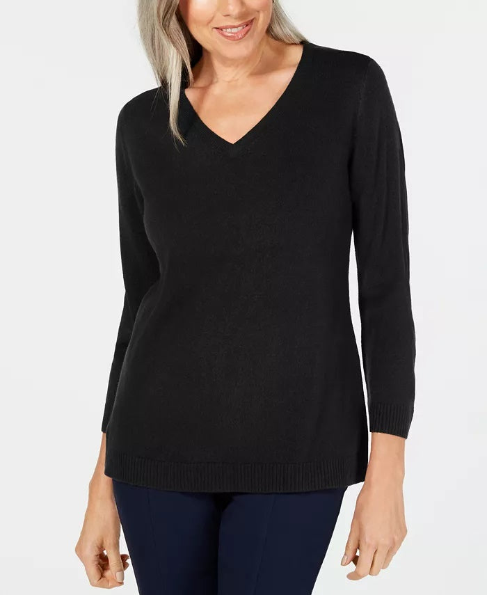 Karen Scott Women's V Neck Luxsoft Sweater Blue- Size Small