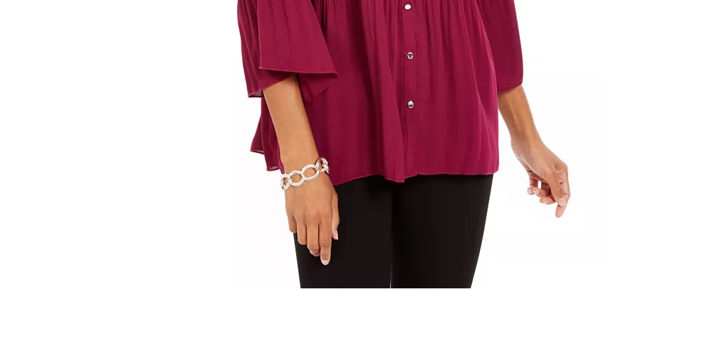NY Collection Women's Pleated Button Front Bell Sleeve Top Red Size PXS