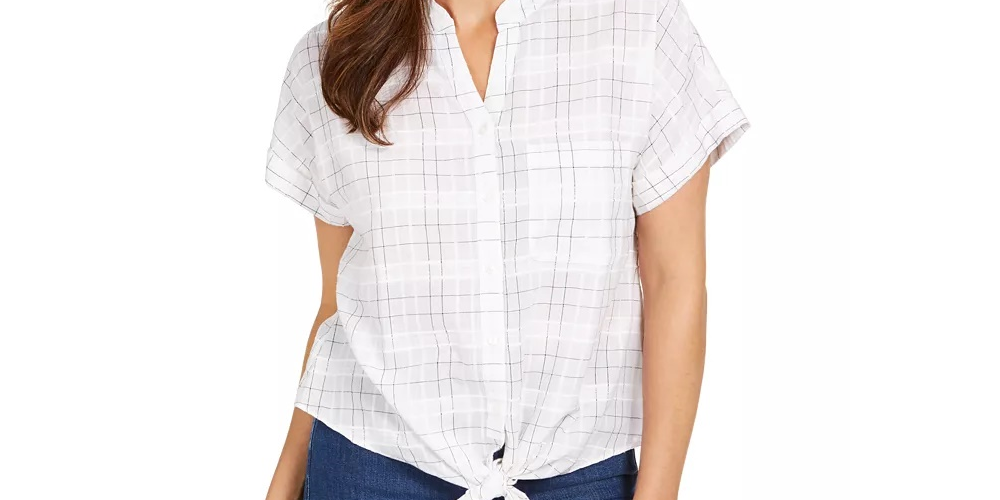 Charter Club Women's Windowpane Print Tie Waist Top White Size X-Large