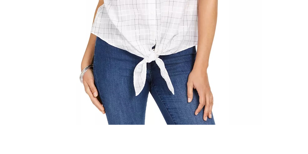 Charter Club Women's Windowpane Print Tie Waist Top White Size X-Large