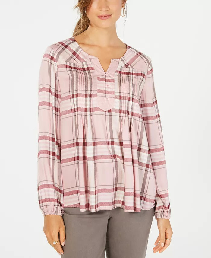Style & Co Women's Plaid Split Neck Top Red Size X-Small