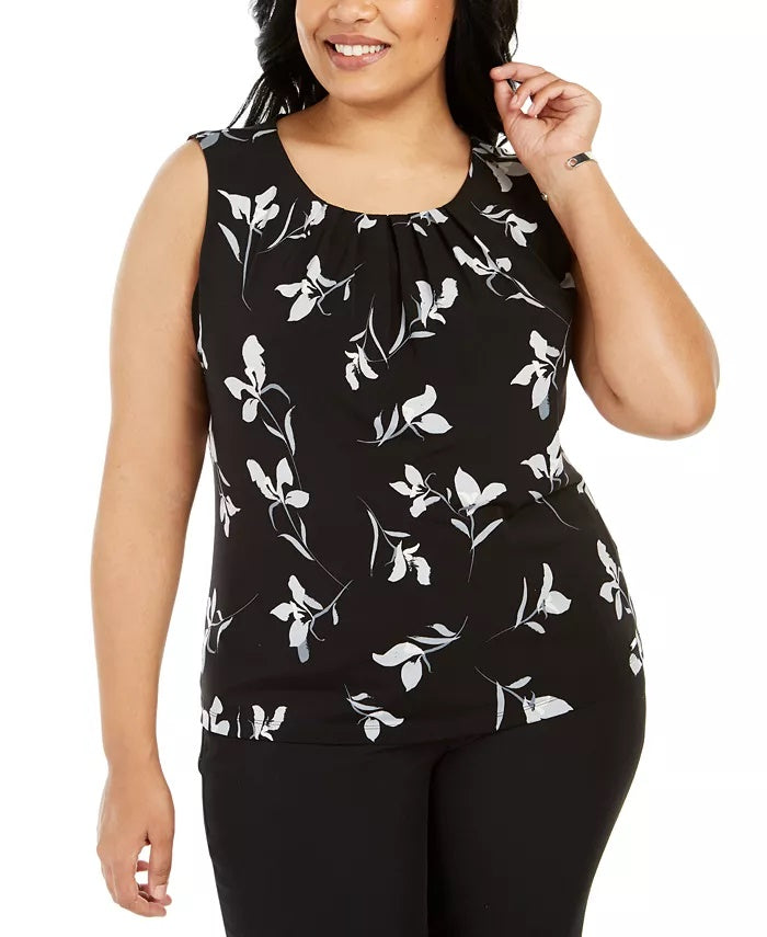 Calvin Klein Women's Plus Printed Pleated Neck Sleeveless Top Black  Size 3X