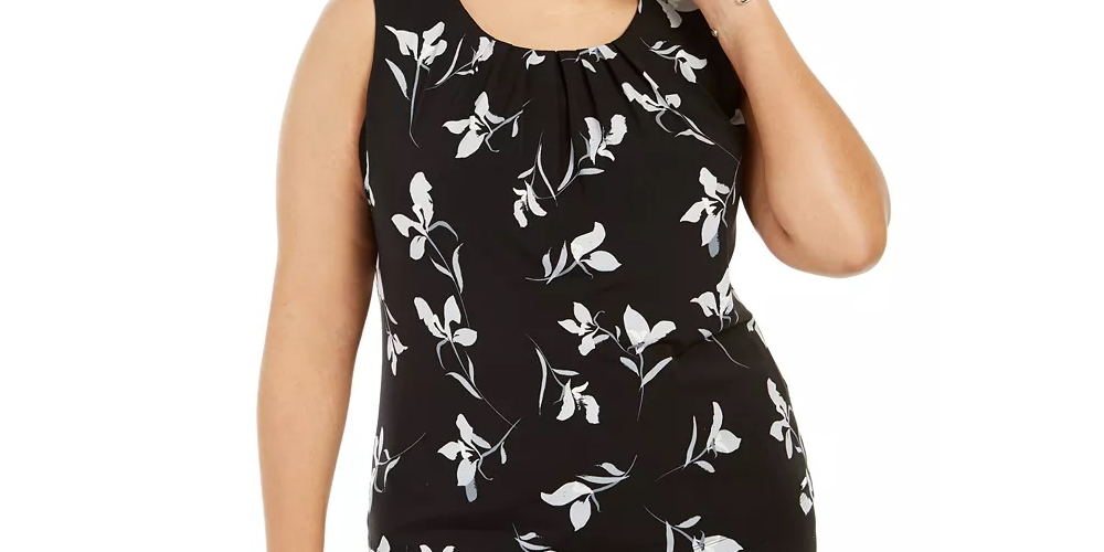 Calvin Klein Women's Plus Printed Pleated Neck Sleeveless Top Black  Size 3X