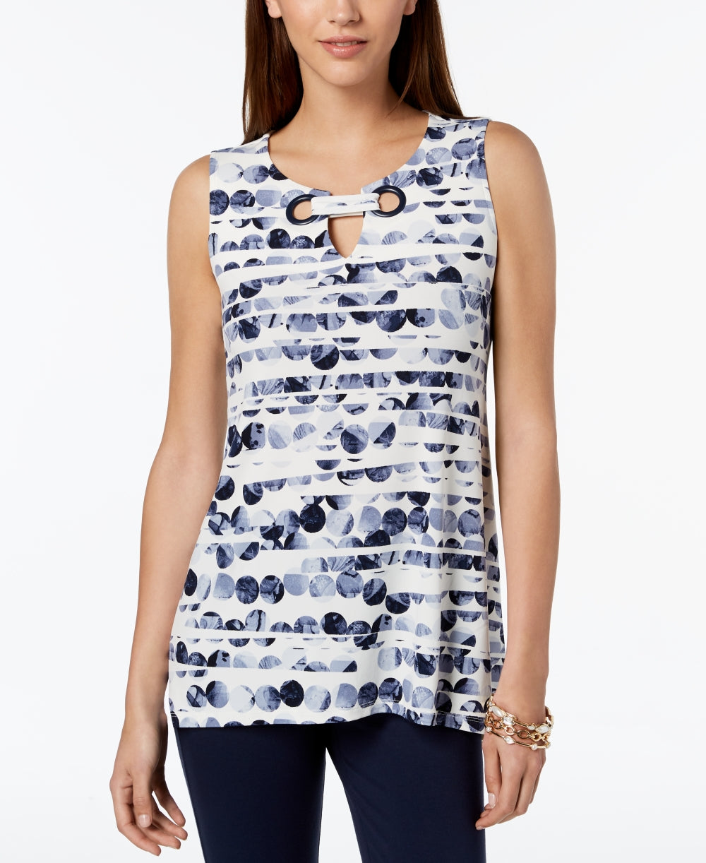 Alfani Women's Petite Printed Grommet-Neck Top  Blue Size PS