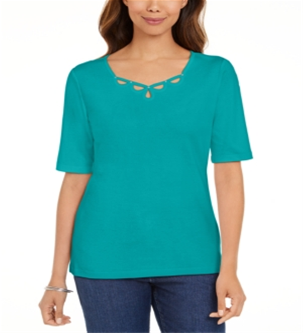 Karen Scott Women's Cotton Keyhole Top Green Size L