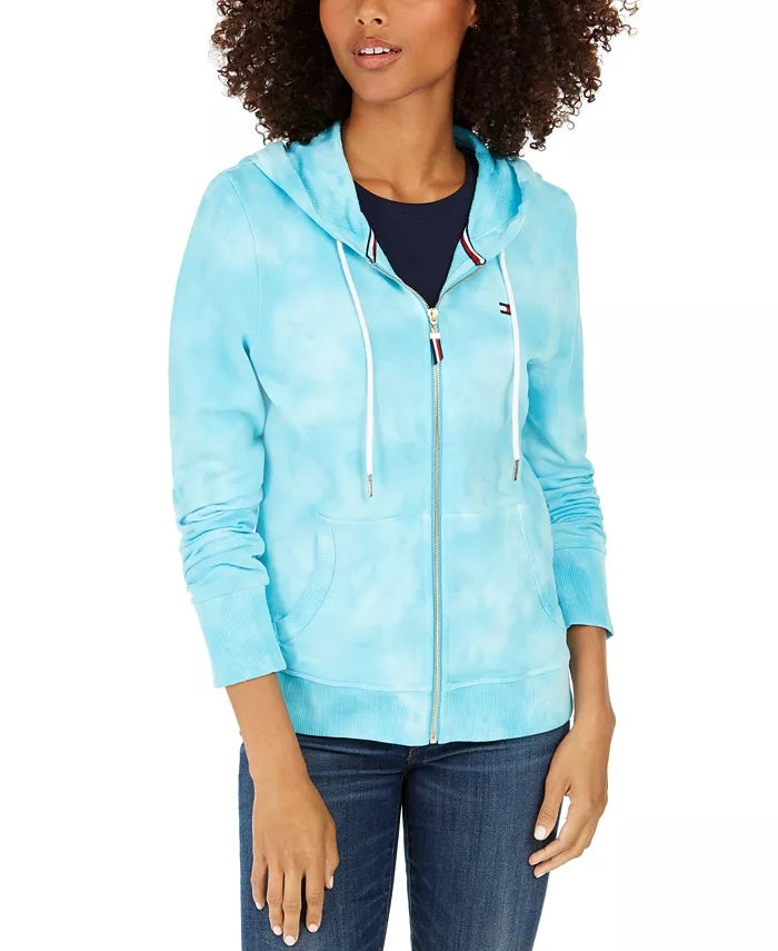 Tommy Hilfiger Women's Cotton Tie Dyed Hoodie Blue Size Small
