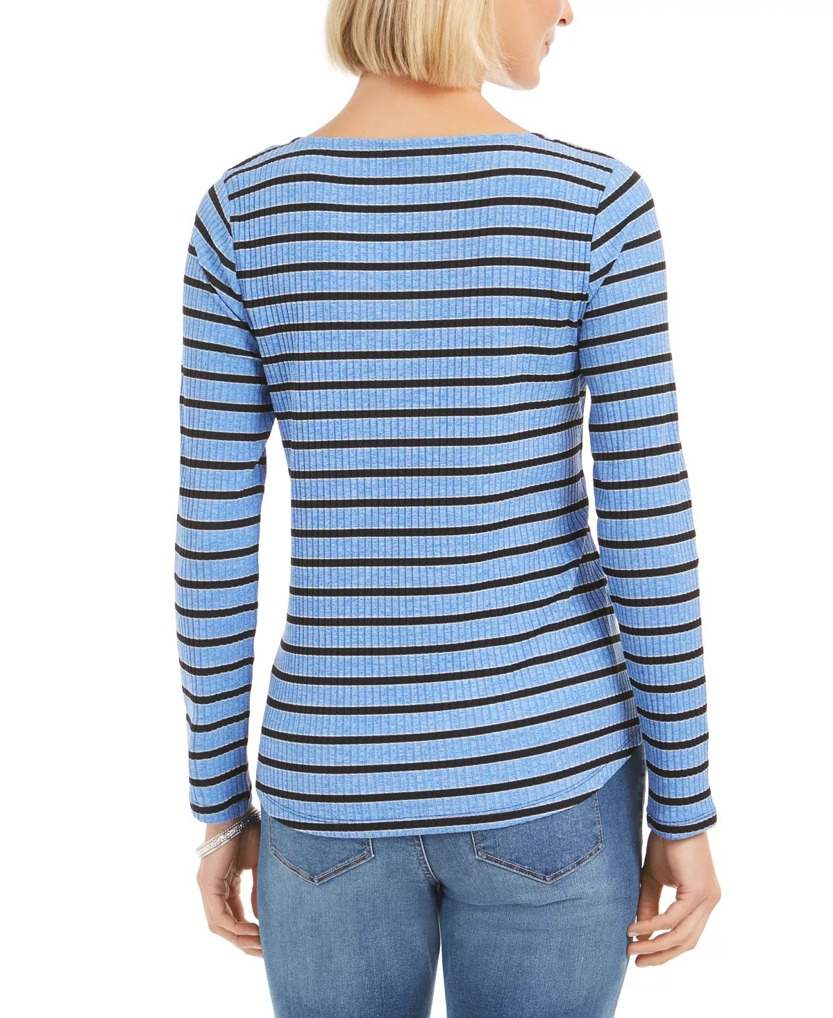 Charter Club Women's Petite Printed 3/4-Sleeve Top Blue Size L