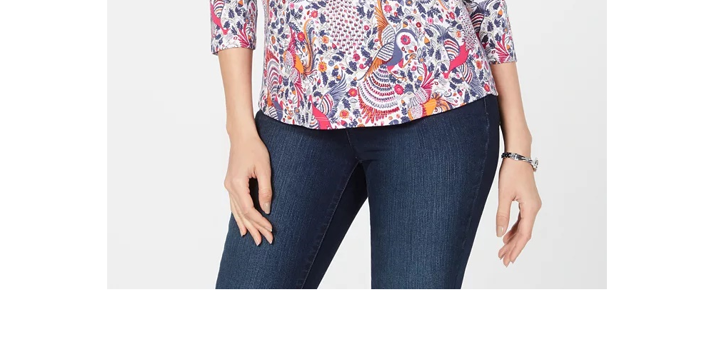 Charter Club Women's Cotton Printed Boat Neck Top Blue Size X-Large