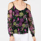 INC International Concepts Women's Shoulder Floral Smocked V Neck Evening Blouse Black Size PS